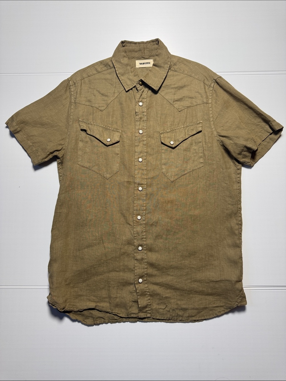 TAYLOR STITCH The Short-Sleeve Linen Western Shirt Olive Green Pearl Snap 40